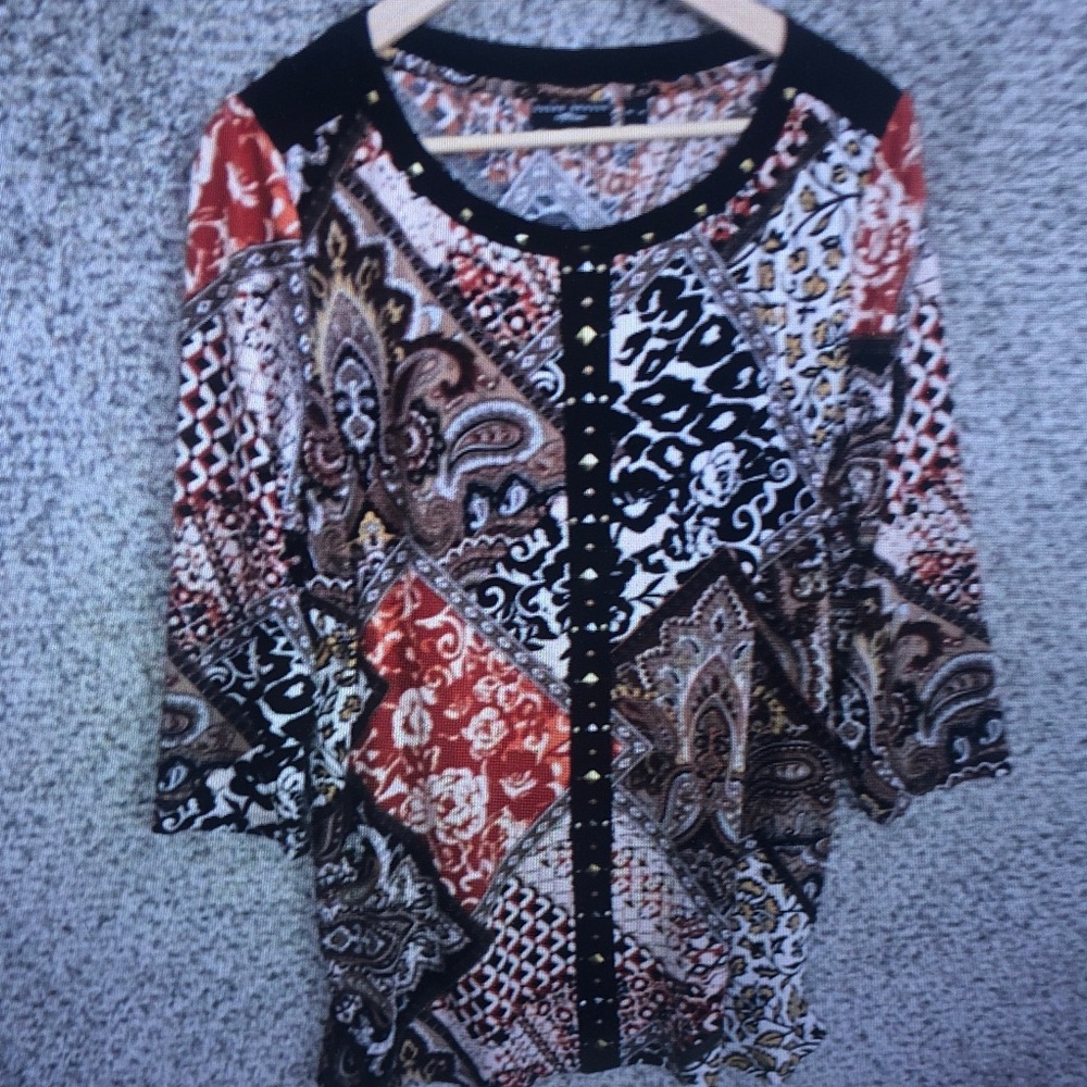 Women's Patchwork Print Button-Front Top in Black and Rust